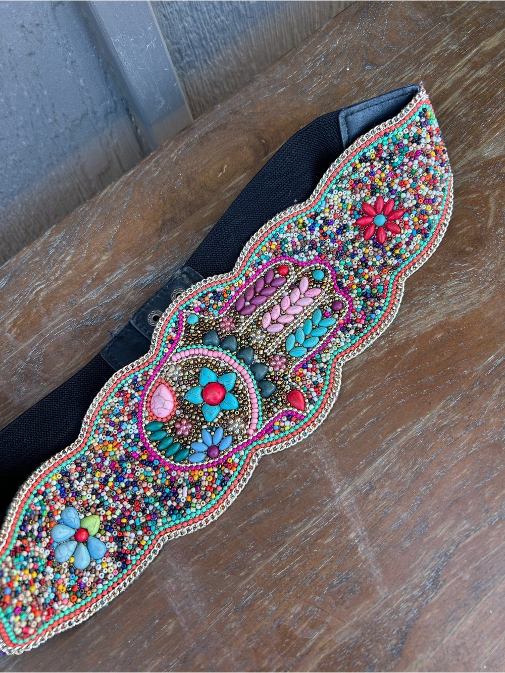 Beaded Multicolor Elastic Waist Belt Hamsa hand real stone accents